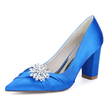 Chaussures de Mariage à Talon Épais et Bout Fermé en Satin de Soie Pour Femmes avec Strass