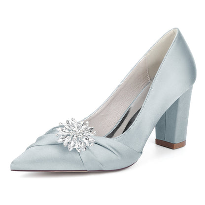 Chaussures de Mariage à Talon Épais et Bout Fermé en Satin de Soie Pour Femmes avec Strass