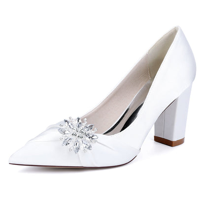 Chaussures de Mariage à Talon Épais et Bout Fermé en Satin de Soie Pour Femmes avec Strass