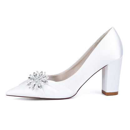 Chaussures de Mariage à Talon Épais et Bout Fermé en Satin de Soie Pour Femmes avec Strass