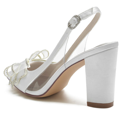 Chaussures de Mariage à Talon Épais et Bout Fermé En Satin de Soie pour Femmes avec Nœud Papillon