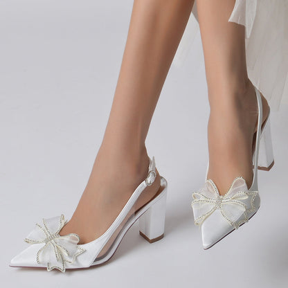 Chaussures de Mariage à Talon Épais et Bout Fermé En Satin de Soie pour Femmes avec Nœud Papillon