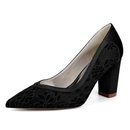 Chaussures de Mariage à Talons Épais et Bout Fermé en Satin de Soie Pour Femmes