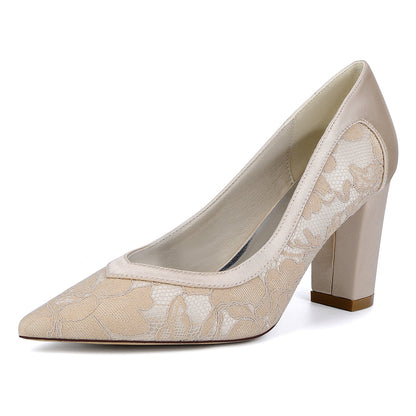 Chaussures de Mariage à Talons Épais et Bout Fermé en Satin de Soie Pour Femmes