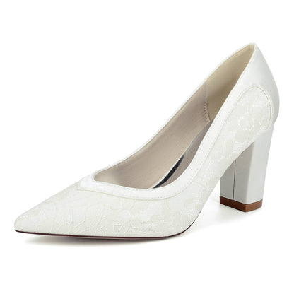 Chaussures de Mariage à Talons Épais et Bout Fermé en Satin de Soie Pour Femmes