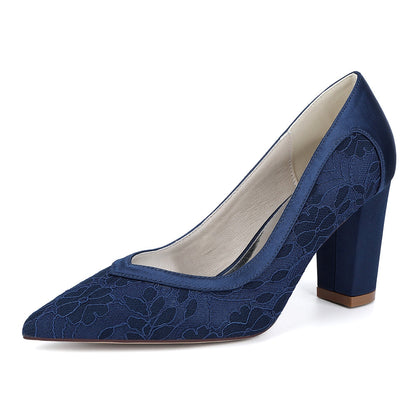 Chaussures de Mariage à Talons Épais et Bout Fermé en Satin de Soie Pour Femmes
