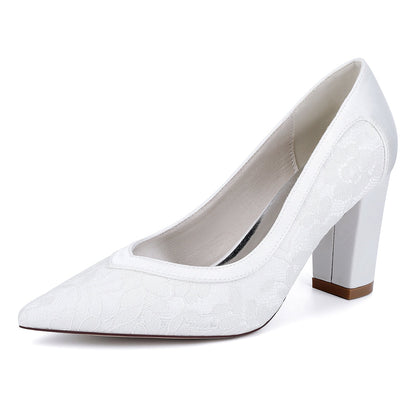 Chaussures de Mariage à Talons Épais et Bout Fermé en Satin de Soie Pour Femmes