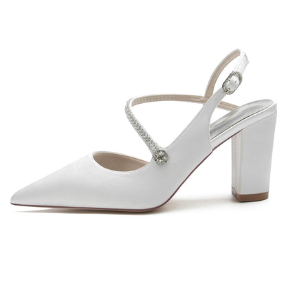 Chaussures de Soirée à Talon Épais et Bout Fermé En Satin de Soie pour Femmes avec Bride à la Cheville et Strass