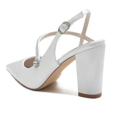 Chaussures de Soirée à Talon Épais et Bout Fermé En Satin de Soie pour Femmes avec Bride à la Cheville et Strass