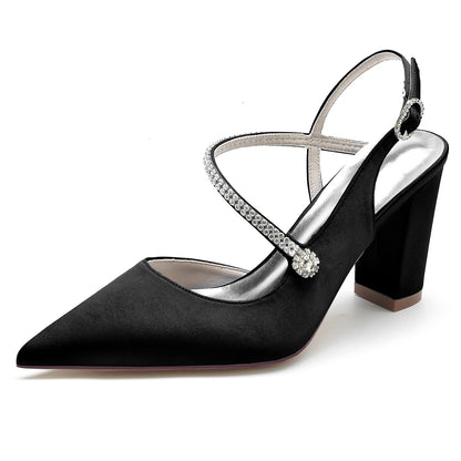 Chaussures de Soirée à Talon Épais et Bout Fermé En Satin de Soie pour Femmes avec Bride à la Cheville et Strass