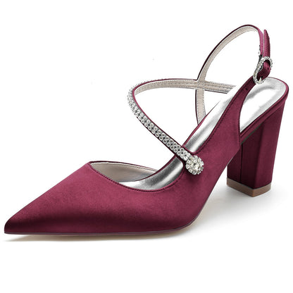 Chaussures de Soirée à Talon Épais et Bout Fermé En Satin de Soie pour Femmes avec Bride à la Cheville et Strass