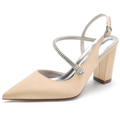 Chaussures de Soirée à Talon Épais et Bout Fermé En Satin de Soie pour Femmes avec Bride à la Cheville et Strass