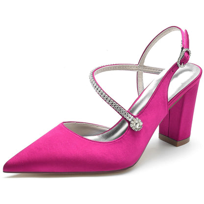 Chaussures de Soirée à Talon Épais et Bout Fermé En Satin de Soie pour Femmes avec Bride à la Cheville et Strass
