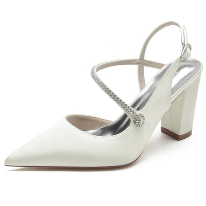 Chaussures de Soirée à Talon Épais et Bout Fermé En Satin de Soie pour Femmes avec Bride à la Cheville et Strass