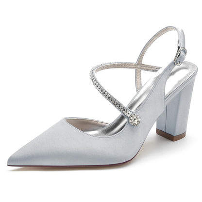 Chaussures de Soirée à Talon Épais et Bout Fermé En Satin de Soie pour Femmes avec Bride à la Cheville et Strass