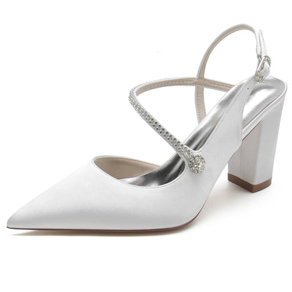 Chaussures de Soirée à Talon Épais et Bout Fermé En Satin de Soie pour Femmes avec Bride à la Cheville et Strass