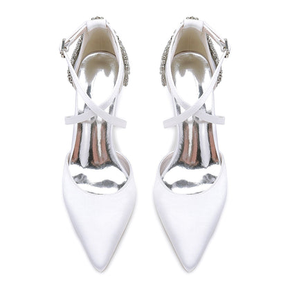 Chaussures de Soirée à Talon Épais et Strass En Satin de Soie à Bout Fermé avec Bride à la Cheville pour Femmes