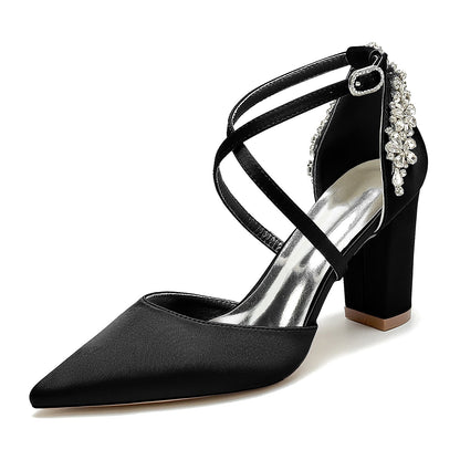 Chaussures de Soirée à Talon Épais et Strass En Satin de Soie à Bout Fermé avec Bride à la Cheville pour Femmes