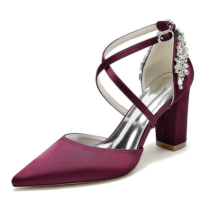 Chaussures de Soirée à Talon Épais et Strass En Satin de Soie à Bout Fermé avec Bride à la Cheville pour Femmes
