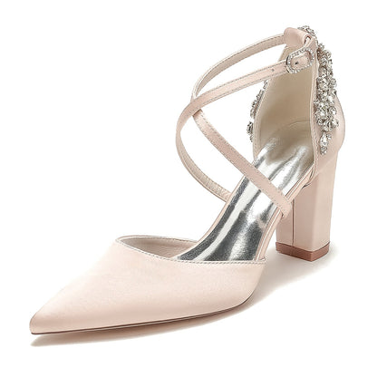 Chaussures de Soirée à Talon Épais et Strass En Satin de Soie à Bout Fermé avec Bride à la Cheville pour Femmes