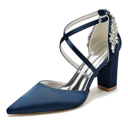 Chaussures de Soirée à Talon Épais et Strass En Satin de Soie à Bout Fermé avec Bride à la Cheville pour Femmes