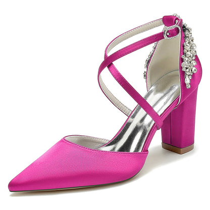Chaussures de Soirée à Talon Épais et Strass En Satin de Soie à Bout Fermé avec Bride à la Cheville pour Femmes