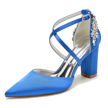 Chaussures de Soirée à Talon Épais et Strass En Satin de Soie à Bout Fermé avec Bride à la Cheville pour Femmes