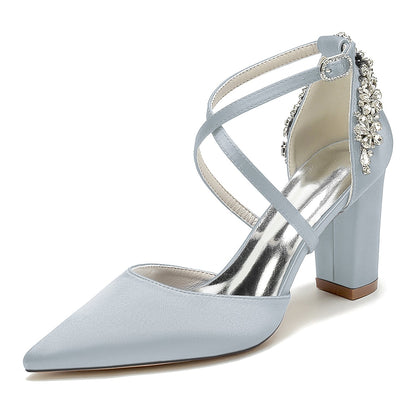 Chaussures de Soirée à Talon Épais et Strass En Satin de Soie à Bout Fermé avec Bride à la Cheville pour Femmes