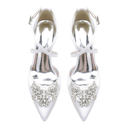 Chaussures de Soirée à Talon Épais et Bout Fermé En Satin de Soie pour Femmes avec Bride à la Cheville et Strass