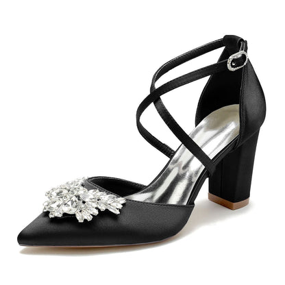 Chaussures de Soirée à Talon Épais et Bout Fermé En Satin de Soie pour Femmes avec Bride à la Cheville et Strass