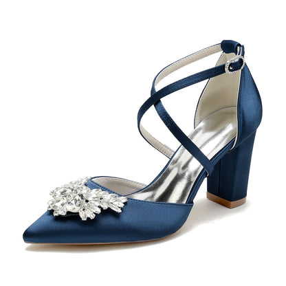Chaussures de Soirée à Talon Épais et Bout Fermé En Satin de Soie pour Femmes avec Bride à la Cheville et Strass