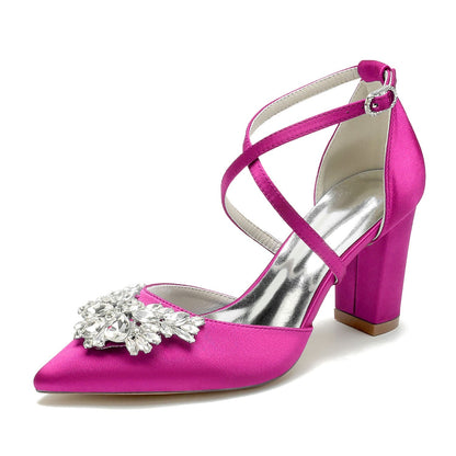 Chaussures de Soirée à Talon Épais et Bout Fermé En Satin de Soie pour Femmes avec Bride à la Cheville et Strass