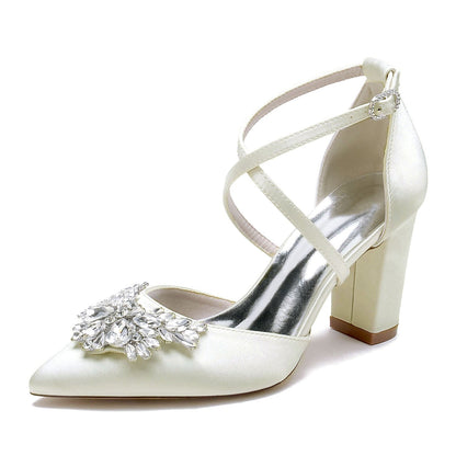 Chaussures de Soirée à Talon Épais et Bout Fermé En Satin de Soie pour Femmes avec Bride à la Cheville et Strass