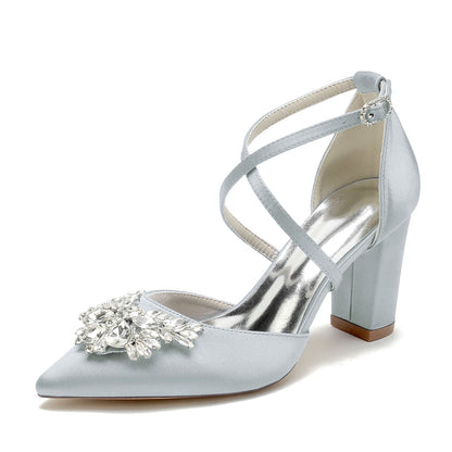 Chaussures de Soirée à Talon Épais et Bout Fermé En Satin de Soie pour Femmes avec Bride à la Cheville et Strass