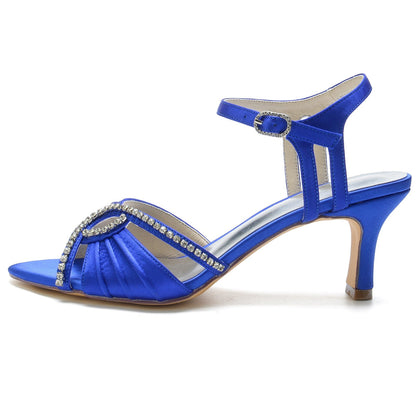 Chaussures de Soirée à Talon Bobine En Satin de Soie pour Femmes avec Bride à la Cheville et Strass