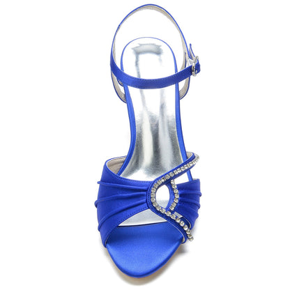 Chaussures de Soirée à Talon Bobine En Satin de Soie pour Femmes avec Bride à la Cheville et Strass