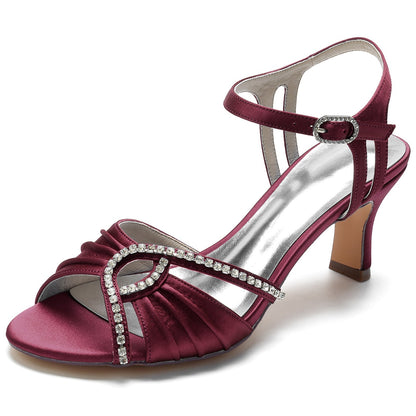 Chaussures de Soirée à Talon Bobine En Satin de Soie pour Femmes avec Bride à la Cheville et Strass