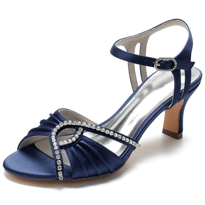 Chaussures de Soirée à Talon Bobine En Satin de Soie pour Femmes avec Bride à la Cheville et Strass