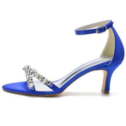 Chaussures de Soirée En Satin de Soie pour Femmes avec Bride à la Cheville et Talon Bobine à Bout Ouvert et Strass