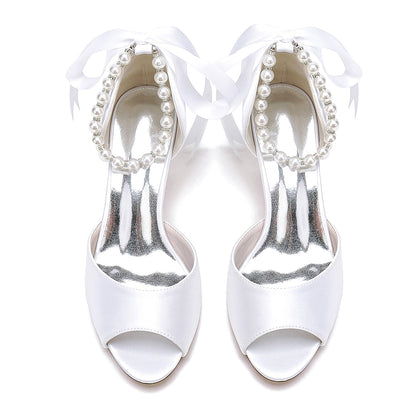 Chaussures de Soirée à Talon Bobine En Satin de Soie pour Femmes avec Lacets et Bride à la Cheville et Perles