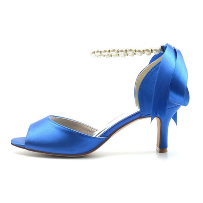 Chaussures de Soirée à Talon Bobine En Satin de Soie pour Femmes avec Lacets et Bride à la Cheville et Perles