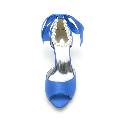 Chaussures de Soirée à Talon Bobine En Satin de Soie pour Femmes avec Lacets et Bride à la Cheville et Perles