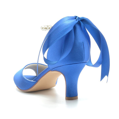 Chaussures de Soirée à Talon Bobine En Satin de Soie pour Femmes avec Lacets et Bride à la Cheville et Perles