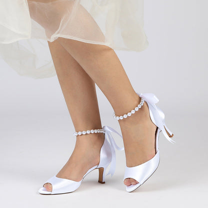 Chaussures de Soirée à Talon Bobine En Satin de Soie pour Femmes avec Lacets et Bride à la Cheville et Perles