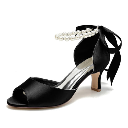 Chaussures de Soirée à Talon Bobine En Satin de Soie pour Femmes avec Lacets et Bride à la Cheville et Perles