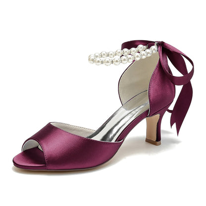 Chaussures de Soirée à Talon Bobine En Satin de Soie pour Femmes avec Lacets et Bride à la Cheville et Perles