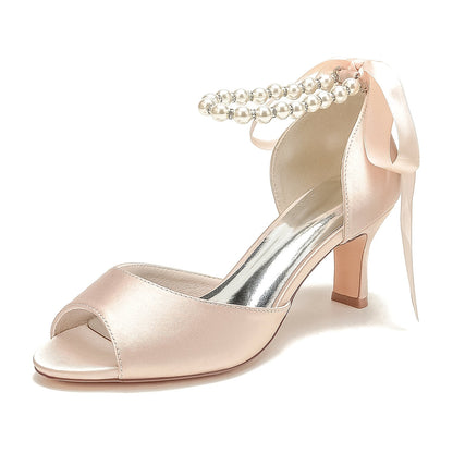 Chaussures de Soirée à Talon Bobine En Satin de Soie pour Femmes avec Lacets et Bride à la Cheville et Perles
