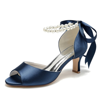 Chaussures de Soirée à Talon Bobine En Satin de Soie pour Femmes avec Lacets et Bride à la Cheville et Perles
