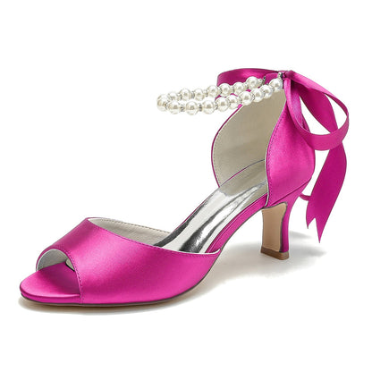 Chaussures de Soirée à Talon Bobine En Satin de Soie pour Femmes avec Lacets et Bride à la Cheville et Perles