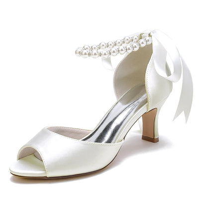 Chaussures de Soirée à Talon Bobine En Satin de Soie pour Femmes avec Lacets et Bride à la Cheville et Perles